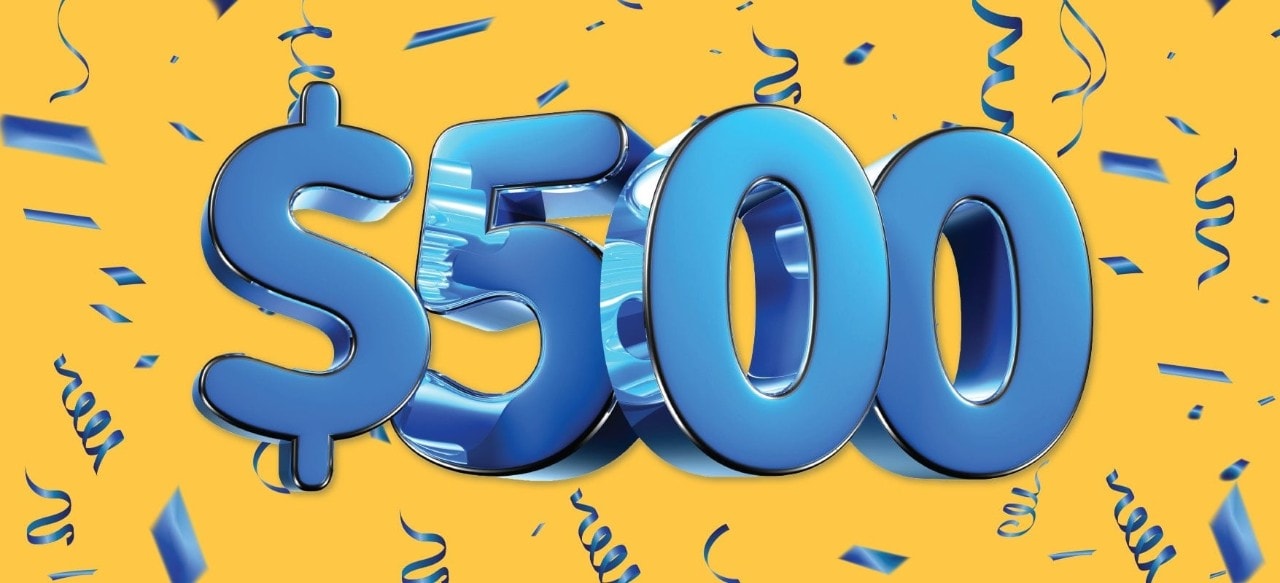 $500 on yellow background with blue confetti
